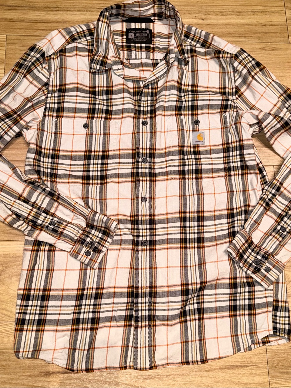 Carhartt Men's Cream/Orange Plaid Flannel Shirt Medium relaxed fit men’s